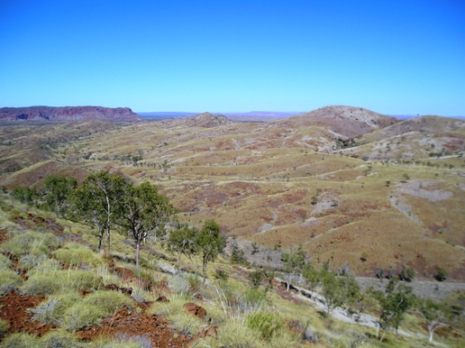 The undulating terrain in the NW corner of Purnululu National Park. The flat-lying rocks at top left are the Bungle Bungles, the impressive conglomerate at the heart of the park. Photo Lena Z. Evins